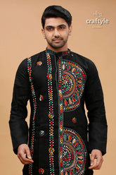 Obsidian black multcolor kantha hand embroidery gents kurta black embroidered kurta 2