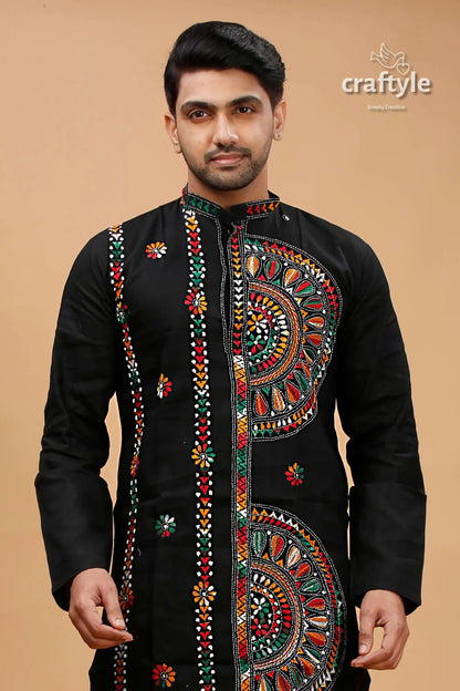 Obsidian black multcolor kantha hand embroidery gents kurta black embroidered kurta 2