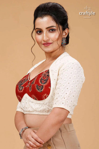 Off-white hakoba embroidery blouse - pure cotton woman red patterned blouse white 3