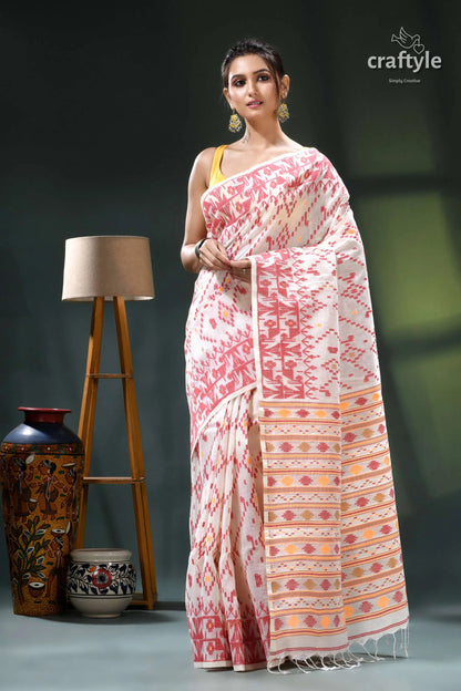 Off-white intricate multicolor woven cotton jamdani saree cream pink floral saree intricate 6