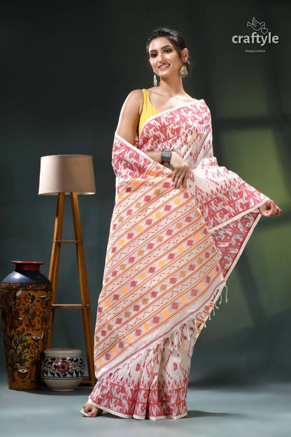 Off-white intricate multicolor woven cotton jamdani saree pink white saree intricate floral 4
