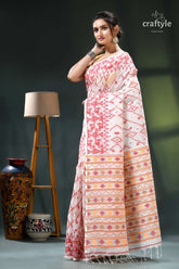 Off-white intricate multicolor woven cotton jamdani saree pink white patterned saree intricate 3