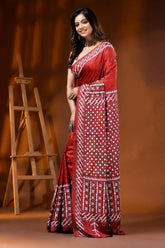 Old brick red mirror work gujrati stitch dyed silk saree with ethnic hand batik design 3