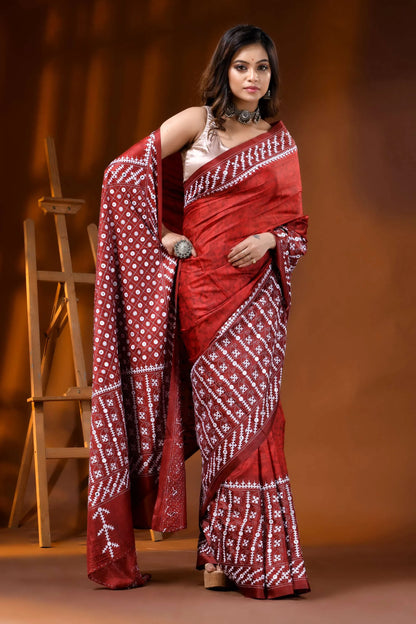 Old brick red mirror work gujrati stitch dyed silk saree with ethnic hand batik design 5