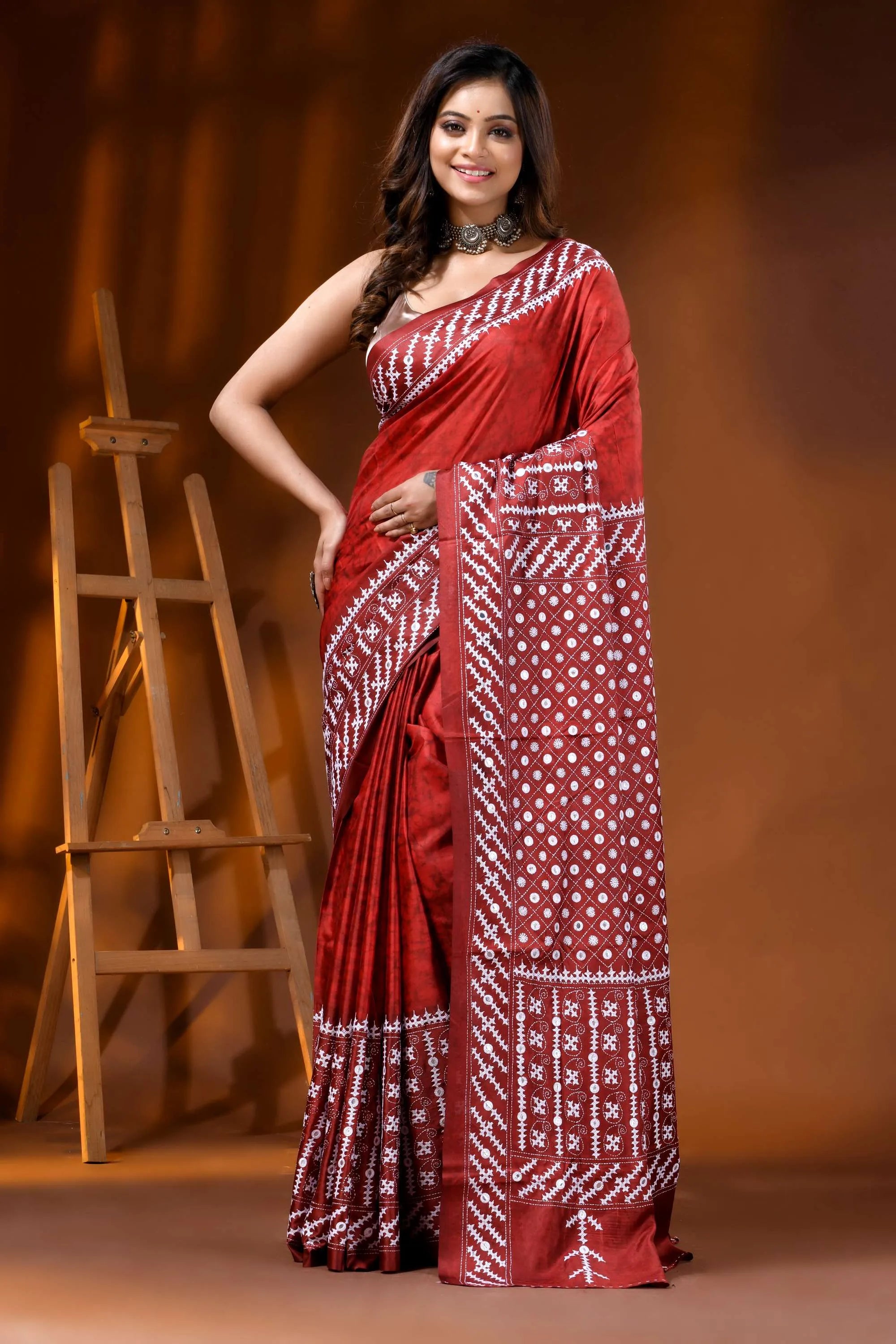 Old brick red mirror work gujrati stitch dyed silk saree with ethnic hand batik design 1