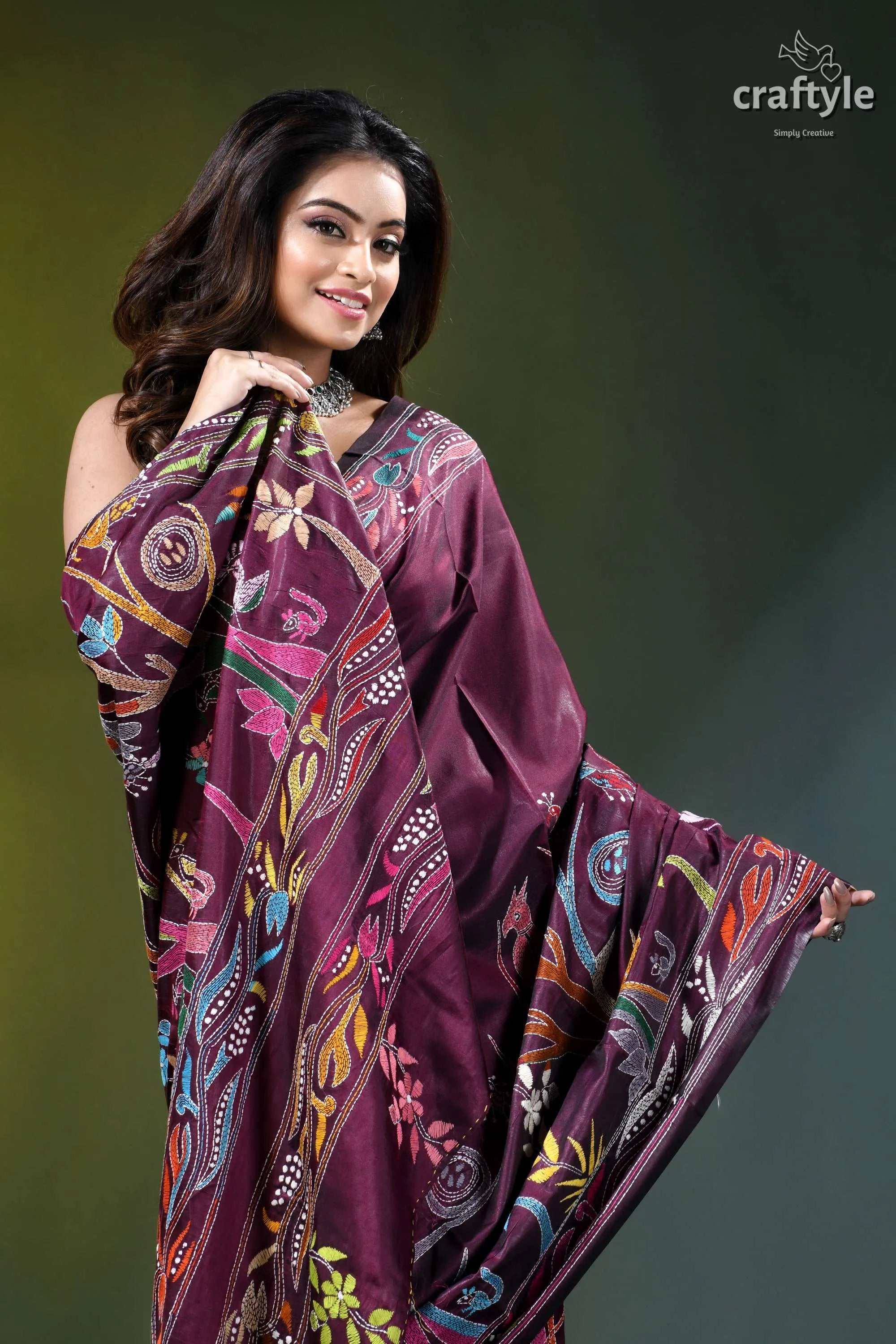 Old mauve exclusive bird design ethnic silk kantha saree maroon silk saree adorned intricate 2