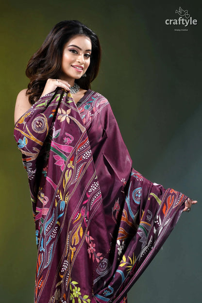 Old mauve exclusive bird design ethnic silk kantha saree maroon silk saree adorned intricate 2