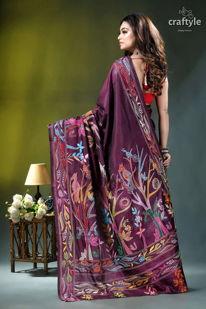 Old mauve exclusive bird design ethnic silk kantha saree rich maroon silk saree adorned 6