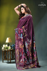 Old mauve exclusive bird design ethnic silk kantha saree woman wears rich maroon silk 8