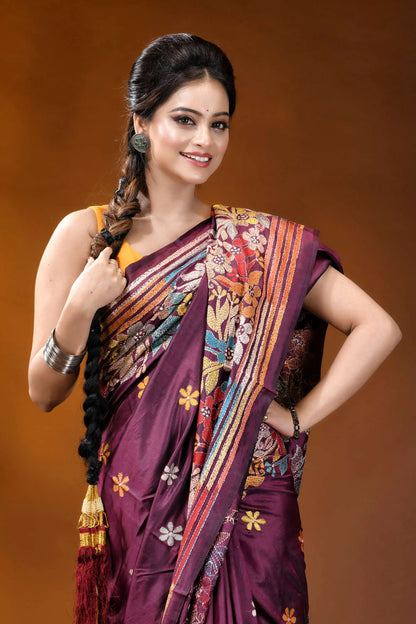 Old mauve floral design multicolor hand embroidered kantha silk saree rich maroon silk saree adorned 2