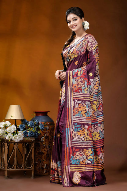 Old mauve floral design multicolor hand embroidered kantha silk saree richly embroidered maroon saree intricate 3