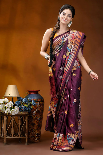 Old mauve floral design multicolor hand embroidered kantha silk saree woman wears rich maroon silk 4