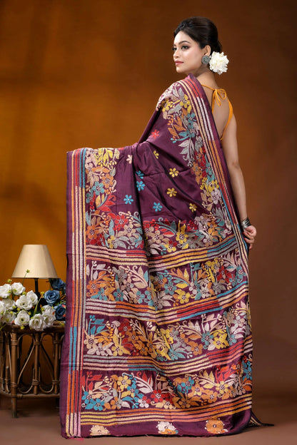 Old mauve floral design multicolor hand embroidered kantha silk saree richly embroidered maroon saree intricate 5