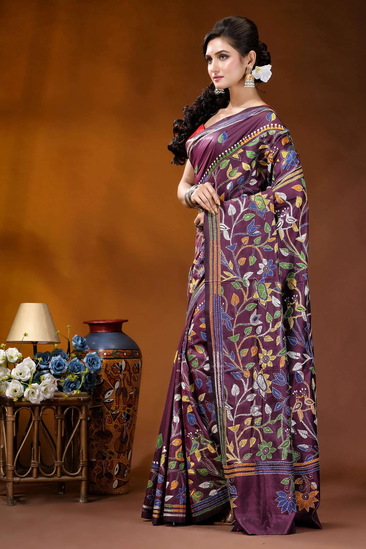 Old mauve floral design silk kantha stitch saree - hand embroidery richly embroidered purple saree intricate 3