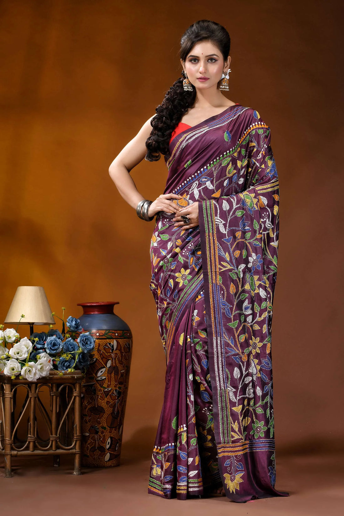 Old mauve floral design silk kantha stitch saree - hand embroidery woman wears richly embroidered purple 1