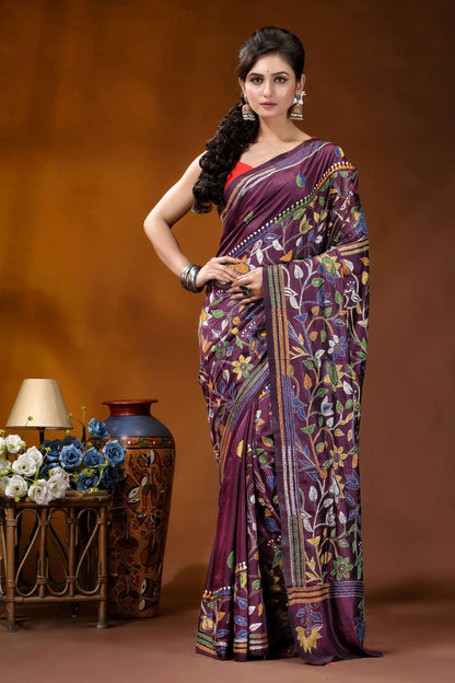 Old mauve floral design silk kantha stitch saree - hand embroidery woman wears richly embroidered purple 1