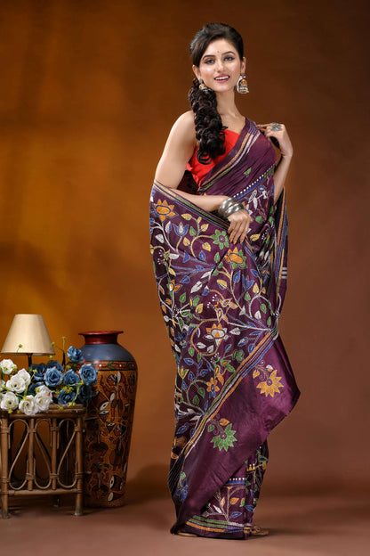 Old mauve floral design silk kantha stitch saree - hand embroidery rich purple silk saree adorned 4