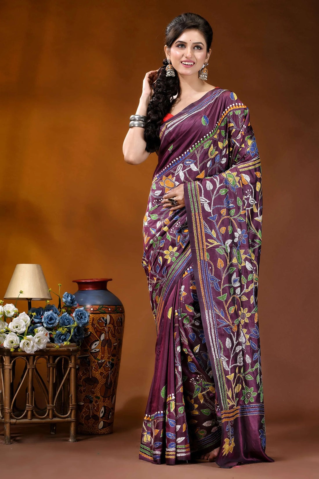 Old mauve floral design silk kantha stitch saree - hand embroidery woman wears rich maroon silk 2