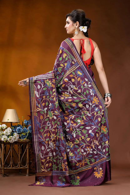 Old mauve floral design silk kantha stitch saree - hand embroidery richly embroidered purple saree intricate 6