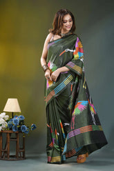 Olive green artisanal heron design silk kantha work saree vibrant olive green silk saree 5