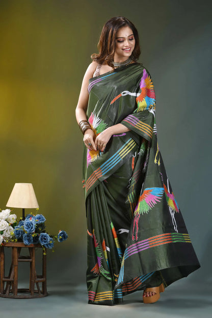 Olive green artisanal heron design silk kantha work saree vibrant olive green silk saree 5