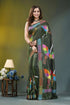Olive green artisanal heron design silk kantha work saree woman wears dark green silk 1