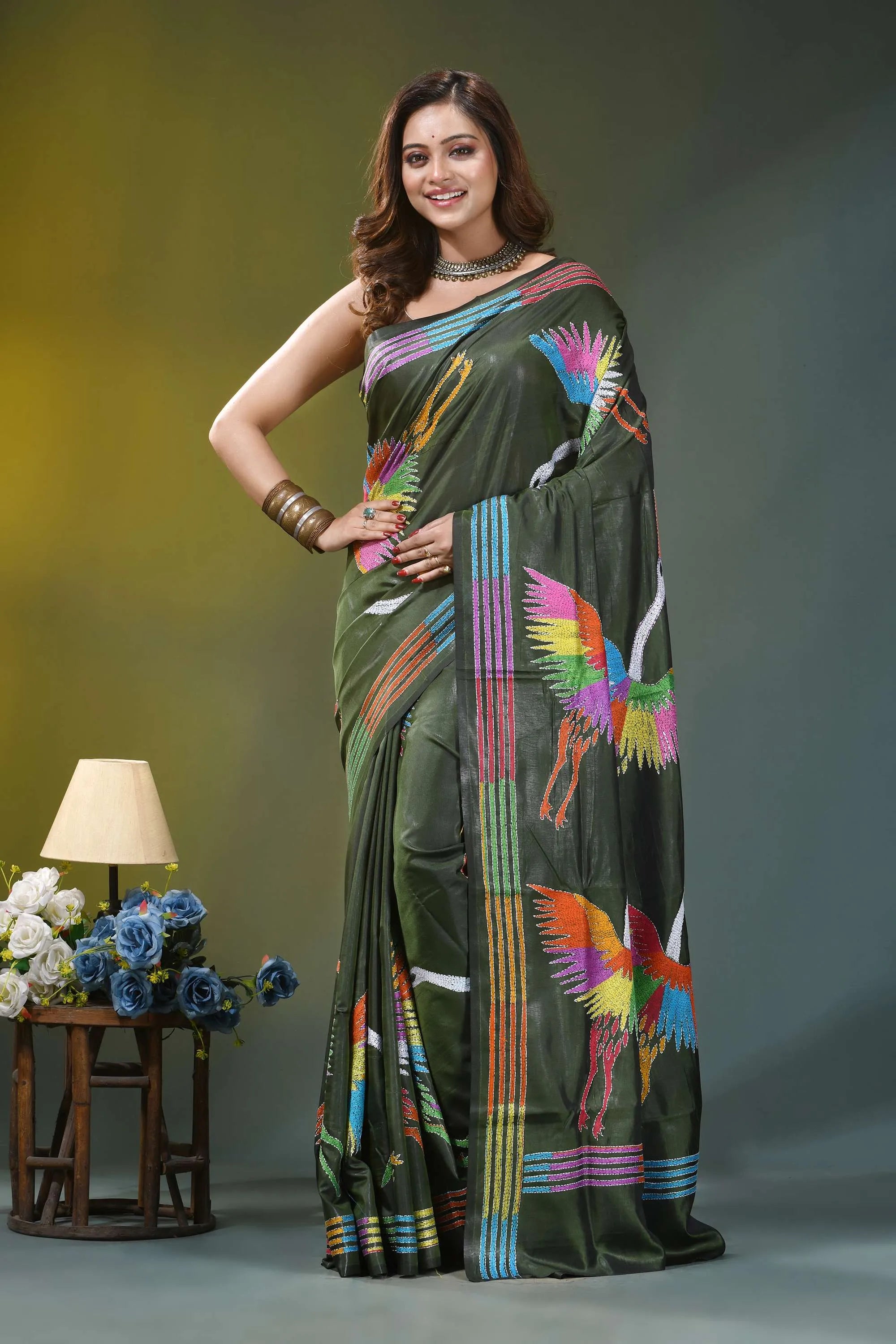 Olive green artisanal heron design silk kantha work saree olive green silk saree adorned 6