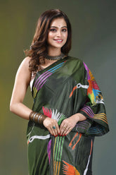 Olive green artisanal heron design silk kantha work saree vibrant green silk saree adorned 2