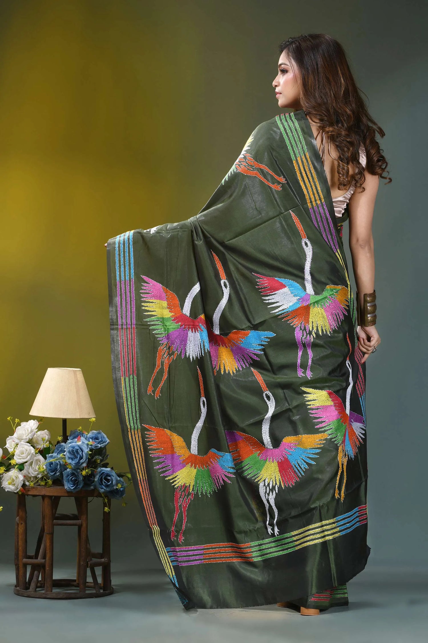 Olive green artisanal heron design silk kantha work saree olive green silk saree adorned 4
