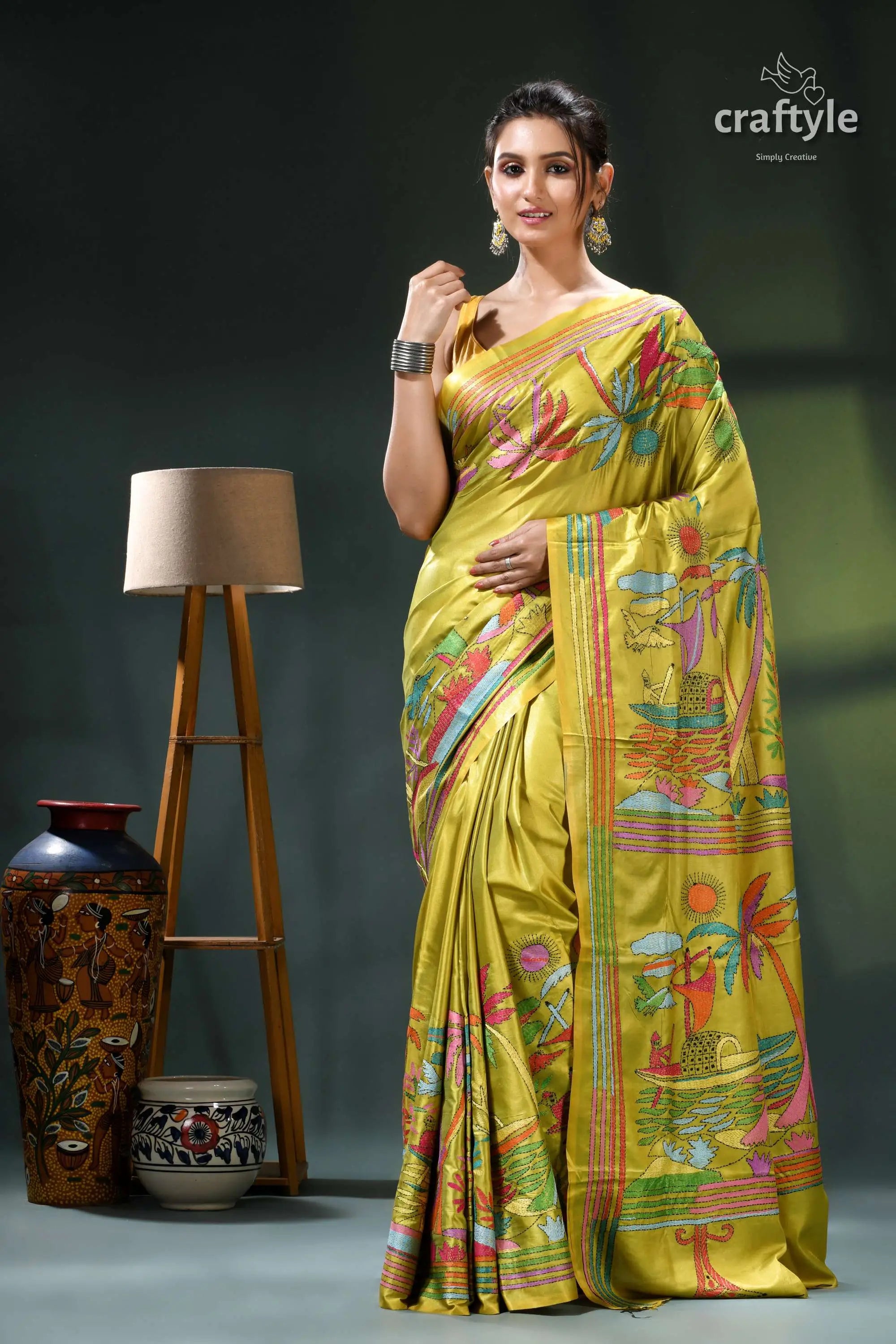 Olive green artisanal kantha silk saree - nature theme yellow silk saree floral landscape 1