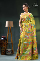 Olive green artisanal kantha silk saree - nature theme yellow saree colorful floral landscape 3