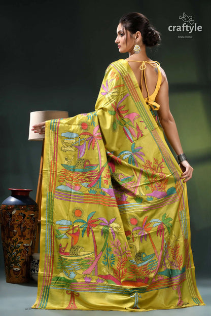Olive green artisanal kantha silk saree - nature theme yellow saree colorful palm tree 5