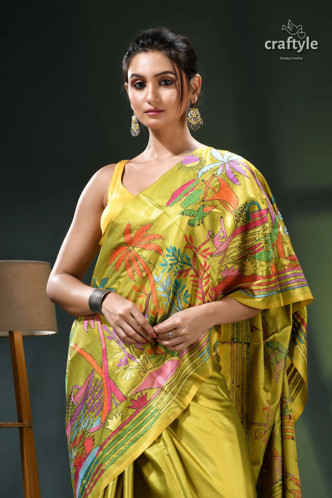 Olive green artisanal kantha silk saree - nature theme yellow green saree floral design 2