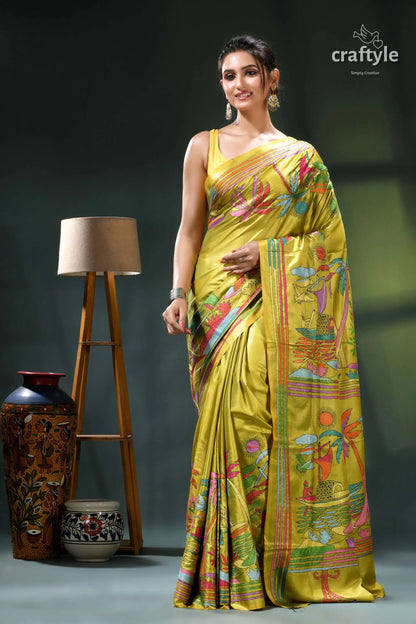 Olive green artisanal kantha silk saree - nature theme yellow saree colorful palm tree 6