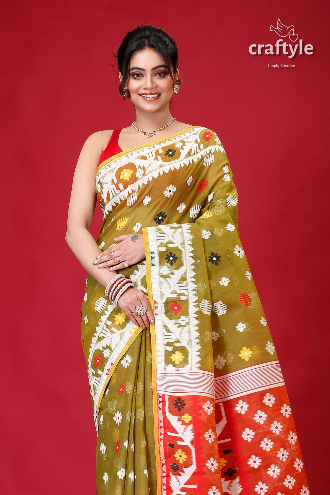 Olive Green Bengal Handloom Jamdani Saree-Craftyle