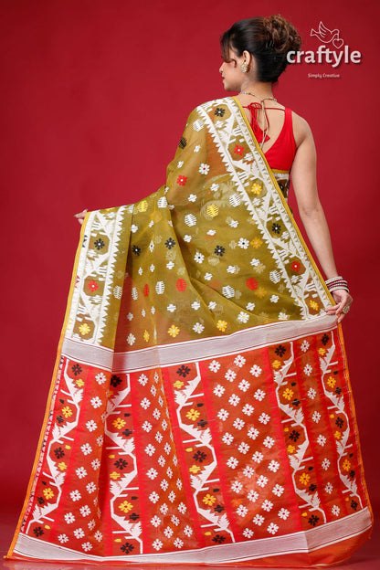 Olive Green Bengal Handloom Jamdani Saree-Craftyle