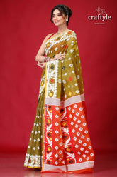 Olive green bengal handloom jamdani saree olive green orange patterned saree 3