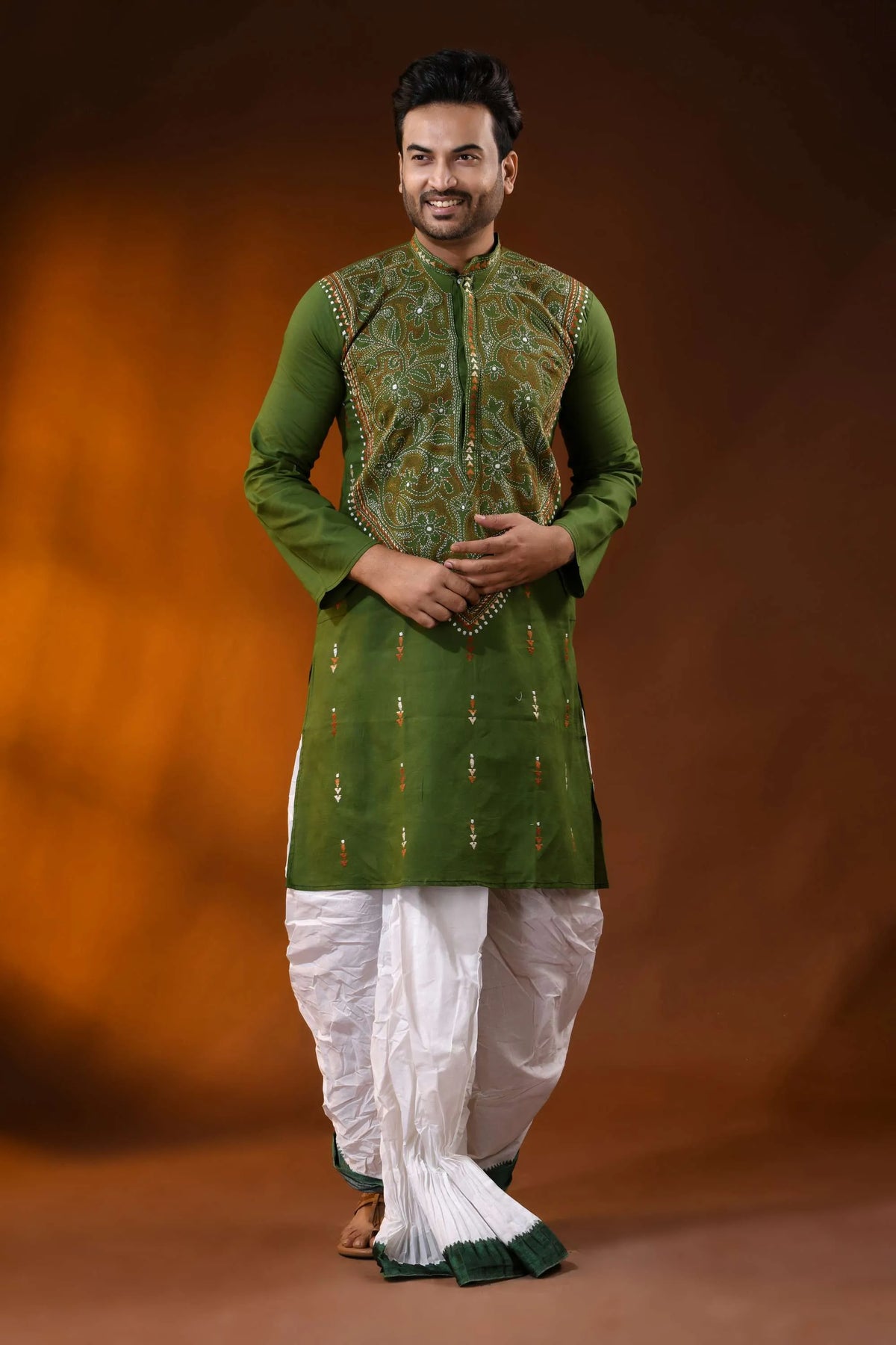 Olive green cotton kantha kurta for men - handcrafted reverse floral design 2