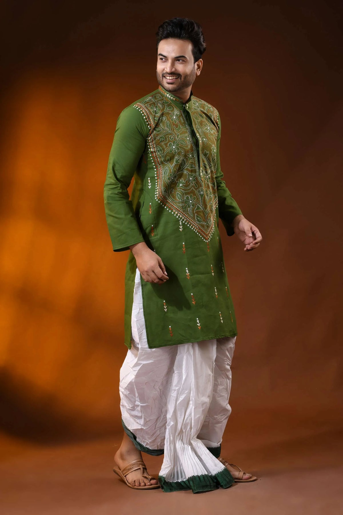Olive green cotton kantha kurta for men - handcrafted reverse floral design 3