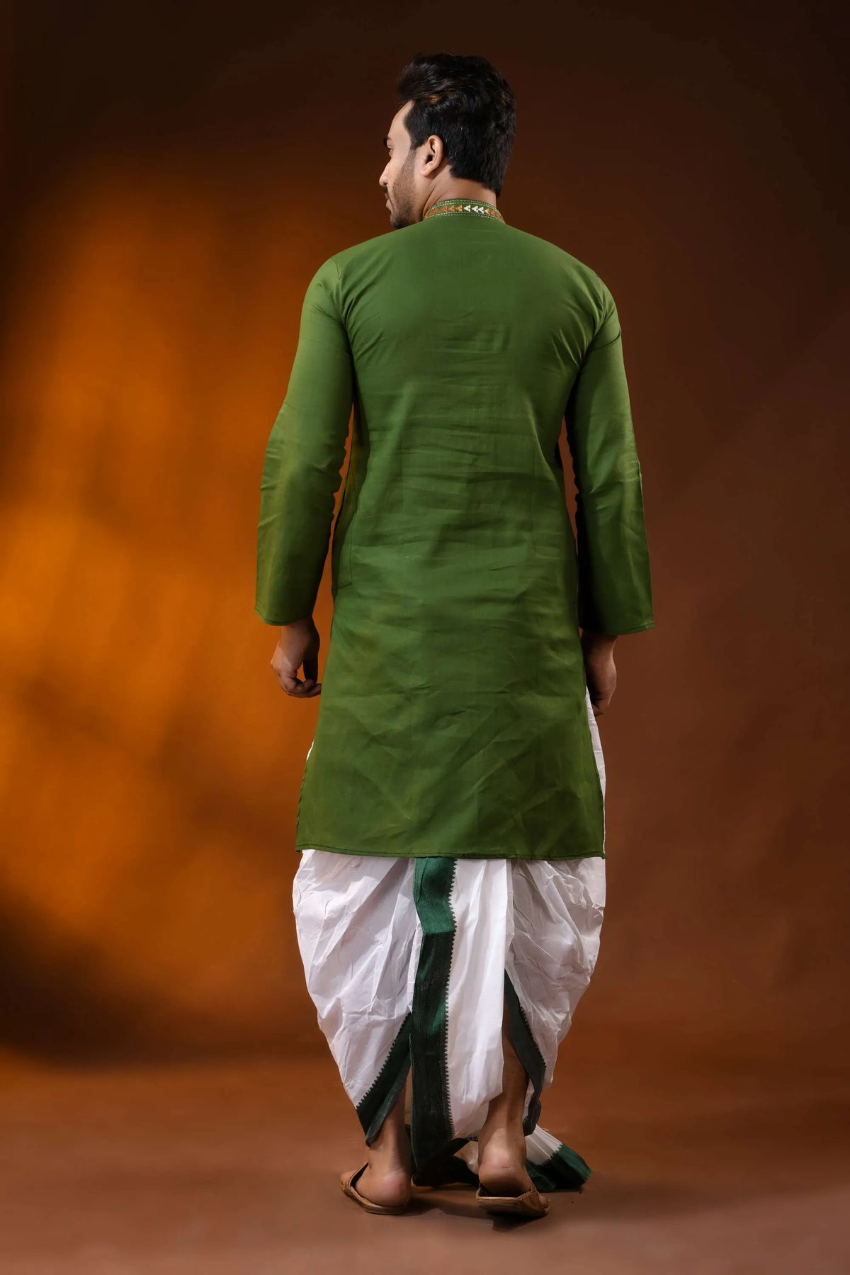 Olive green cotton kantha kurta for men - handcrafted reverse floral design 5