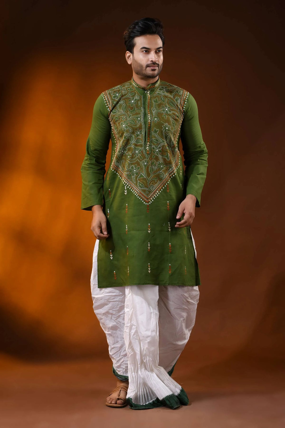 Olive green cotton kantha kurta for men - handcrafted reverse floral design 1