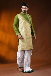 Olive green cotton silk embroidery punjabi for men - artisanal design 3