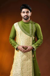 Olive green cotton silk embroidery punjabi for men - artisanal design 5