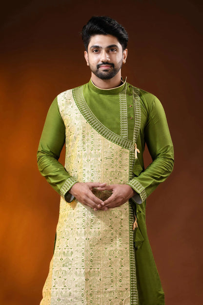 Olive green cotton silk embroidery punjabi for men - artisanal design 5