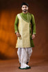 Olive green cotton silk embroidery punjabi for men - artisanal design 1
