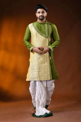 Olive green cotton silk embroidery punjabi for men - artisanal design 6