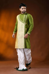 Olive green cotton silk embroidery punjabi for men - artisanal design 4
