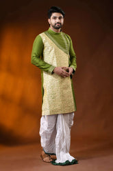 Olive green cotton silk embroidery punjabi for men - artisanal design 7