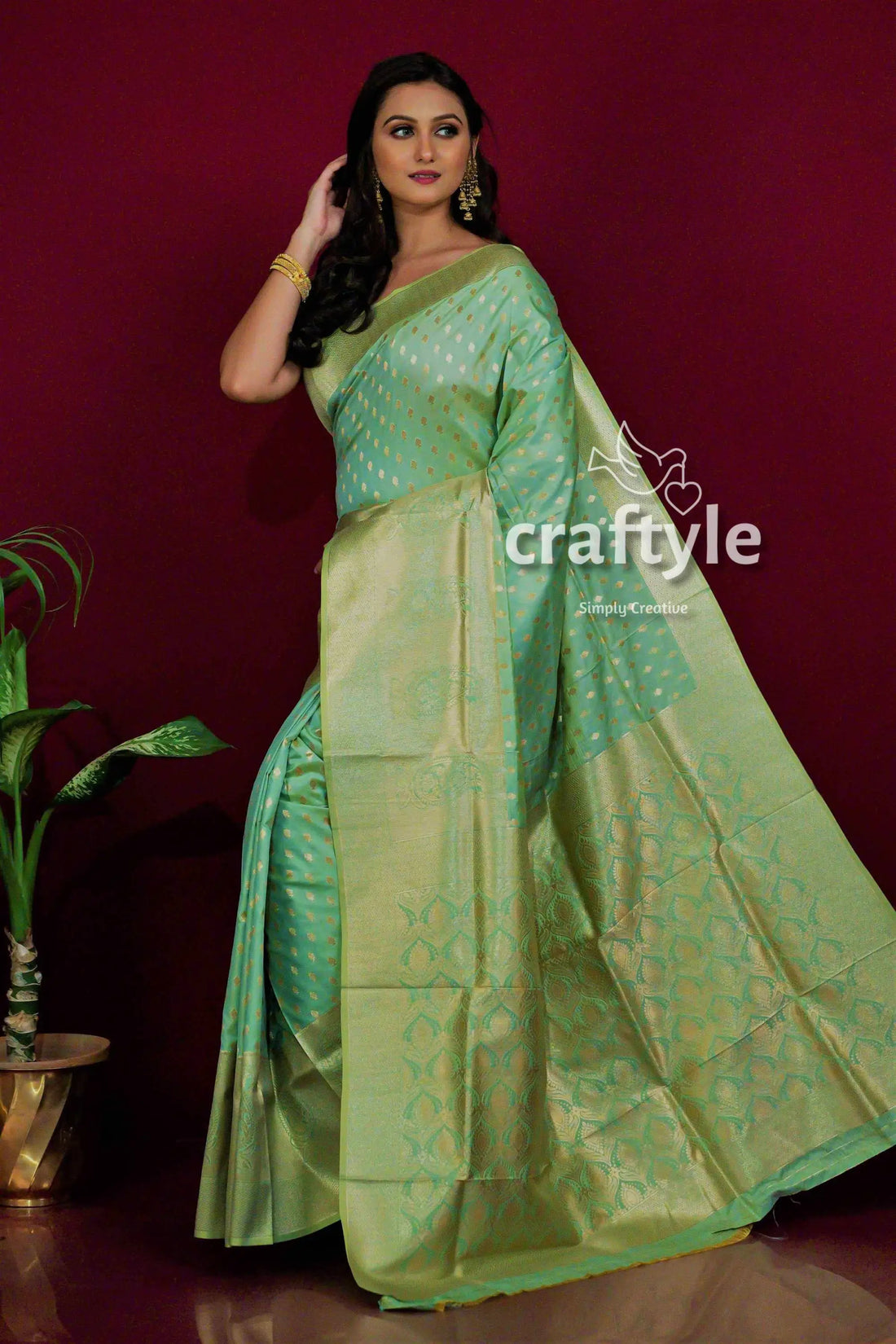 Olive green dual tone katan silk saree for women elegant green saree gold border 1
