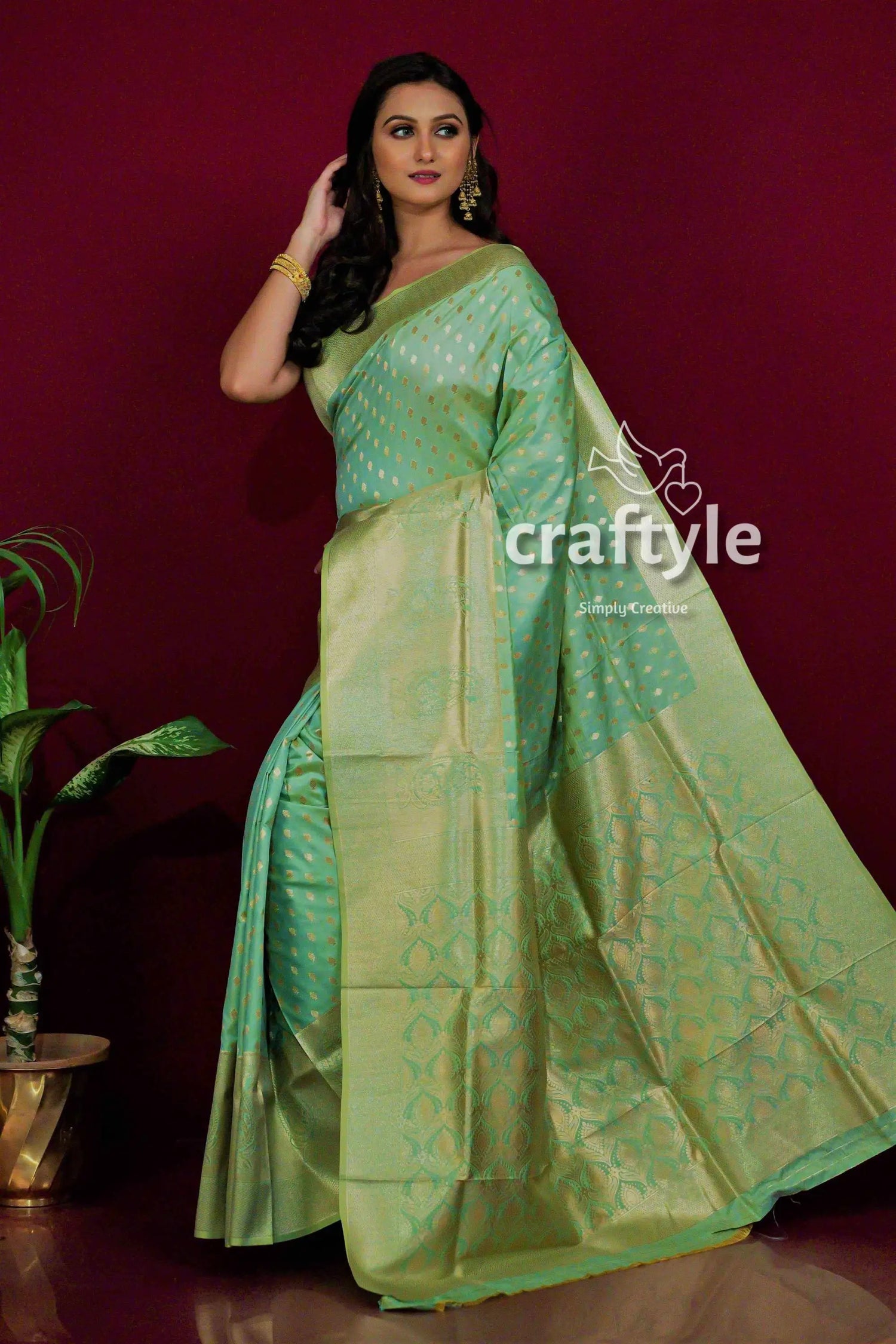 Olive green dual tone katan silk saree for women elegant green saree gold border 1